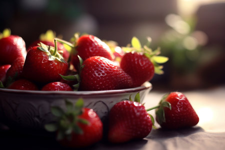 Strawberries in a bowl on a wooden table. Selective focus.の素材
