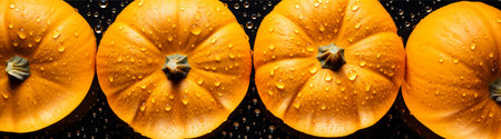 Fresh orange pumpkins with water drops on black background, top viewの素材
