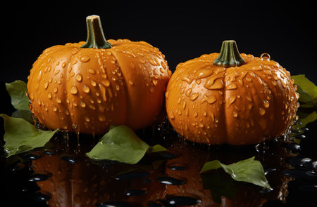 Top view of pumpkins with water droplets on black background.の素材