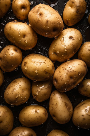 Raw potatoes with water drops on a black background. Close up.の素材