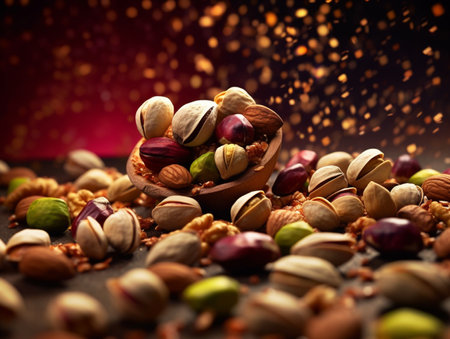 Pistachios, hazelnuts, pistachios, almonds, pistachios in a wooden bowl on a dark backgroundの素材