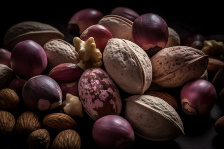 Mix of nuts on a black background. Shallow depth of field. Toned.の素材