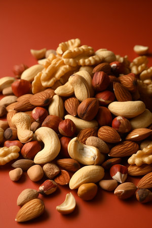 Mix of nuts on a red background. Nuts mix. Healthy food.の素材