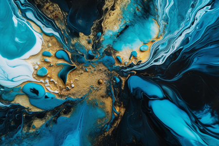 Marble abstract acrylic background. Blue marbling artwork texture. Agate ripple pattern. Gold powder.の素材