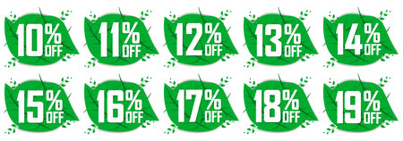 Set of green eco leaf sale labels and percent off. Vector illustration.のイラスト素材