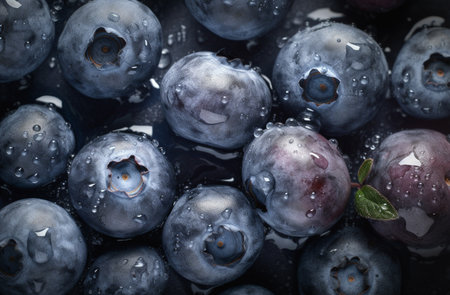 Blueberries with water drops, top view. Blueberry backgroundの素材