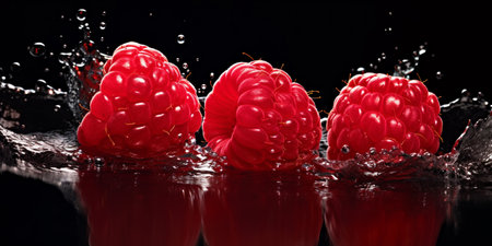 Raspberries falling into water with splash isolated on black background.の素材