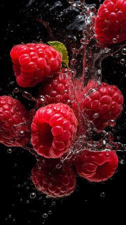 Raspberries falling into water with a splash on a black backgroundの素材