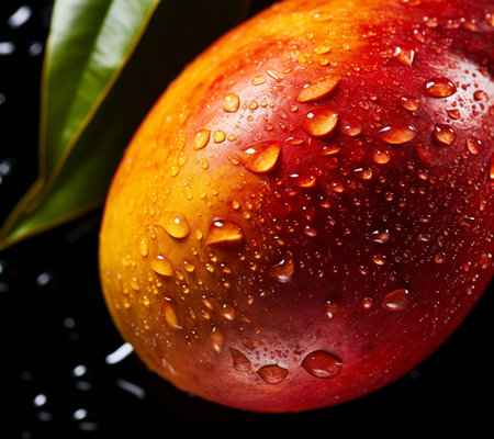 Ripe juicy mango with water drops on a black background close upの素材