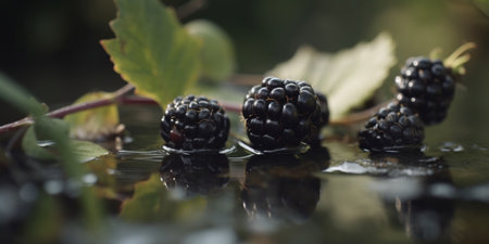 Blackberries on the surface of the water in the garden. Selective focus.の素材