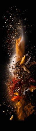 Spices on black background with copy space. Food and cuisine ingredientsの素材