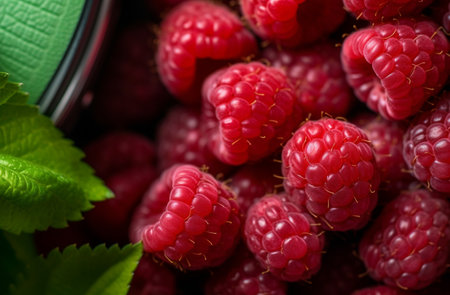 Fresh raspberries in a bowl on a wooden background.の素材