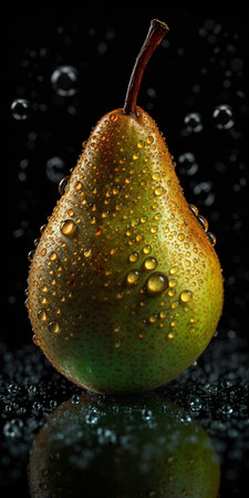 Ripe pear with water drops on black background, close-upの素材
