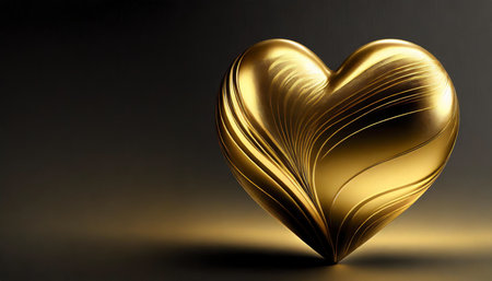Golden heart on black background. 3D rendering. Love concept.の素材