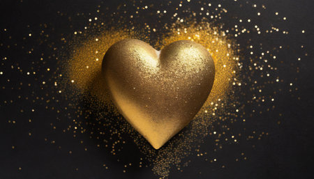 Golden heart on a black background with golden sparkles. Valentine's day concept.の素材