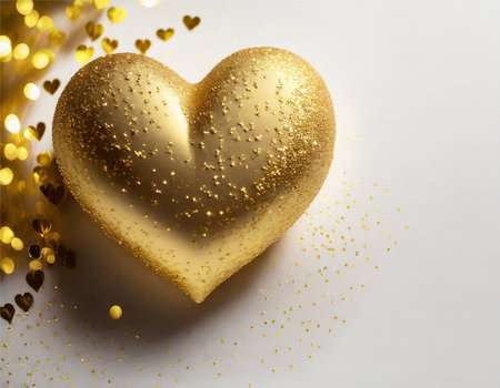 Golden heart on a white background with golden confetti. Valentine's Day.の素材