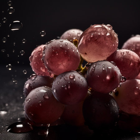 Bunch of grapes with drops of water on a black background.の素材