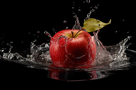 Red apple falling into water with splash, isolated on black background.の素材