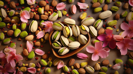 Pistachio nuts with flower petals on brown background.の素材