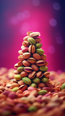 Pistachios in the form of a Christmas tree on a pink backgroundの素材