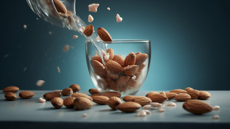 Almond into a glass with nuts on a blue backgroundの素材