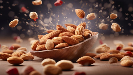 Almond in a wooden bowl and falling nuts on a brown backgroundの素材