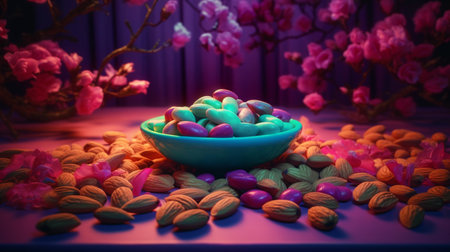 Colorful candies in a bowl on the table with flower backgroundの素材