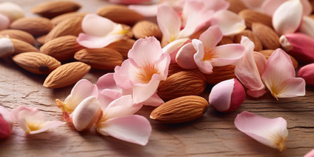 Almond petals and flowers on wooden background, closeup. Healthy foodの素材