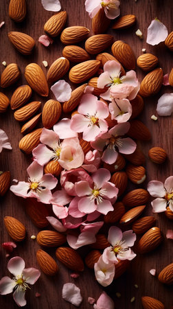Almond nuts with flower petals on wooden background. Top viewの素材