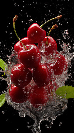 Fresh cherries falling into water with splash isolated on black background.の素材