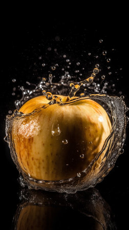 Fresh apple falling into water with splash on black background, close upの素材