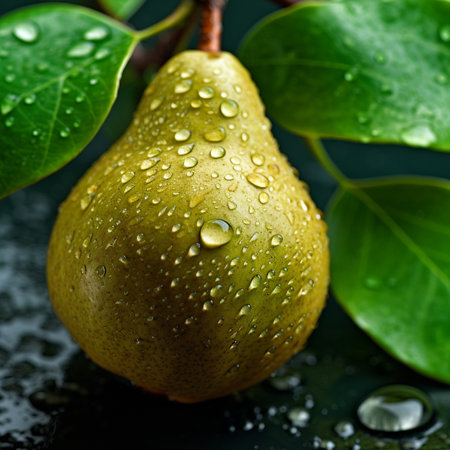 Ripe pear with water drops on a dark background close-up