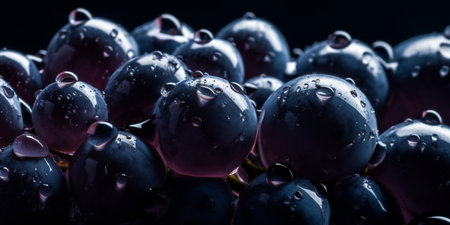 Bunch of fresh black grapes with water drops on black background.の素材