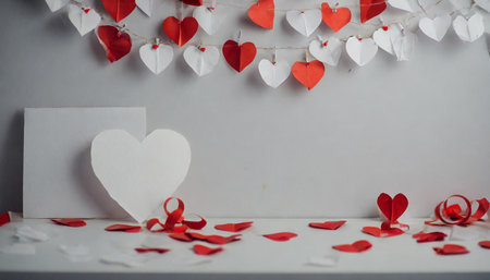 Valentines day background with white paper hearts and red ribbonsの素材