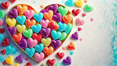 Valentine's day background. Colorful hearts on white wooden tableの素材