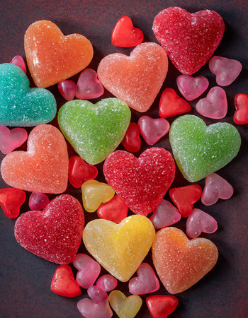 Colorful heart-shaped jelly candies on a dark background.の素材