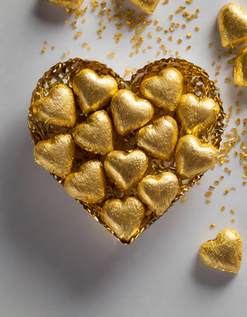 Gold heart-shaped candies in a gift box on a white backgroundの素材