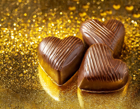 Chocolates in the form of hearts on a golden background.の素材