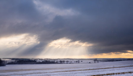 beautiful winter landscape with snow-covered field and dramatic cloudy skyの素材