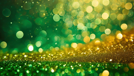colorful glitter lights background. gold, green and black. de focusedの素材