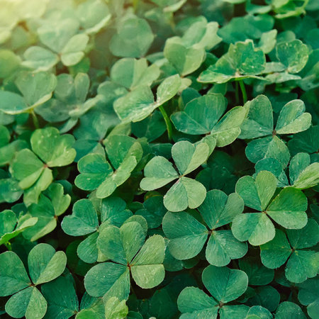 Green clover leaves background. Saint Patrick's day concept. Close up.の素材