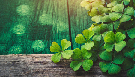 Green clover leaves on wooden background with copy space. St.Patrick's Dayの素材