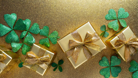 Clover leaves with golden gift boxes on gold background. St. Patrick's Day concept.の素材