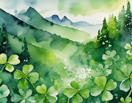 Watercolor background with green clover leaves and mountains.の素材
