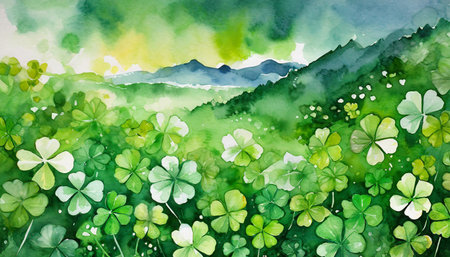 Watercolor landscape with clover and mountains.の素材