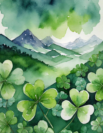 Watercolor illustration of green clover leaves and mountains in the backgroundの素材