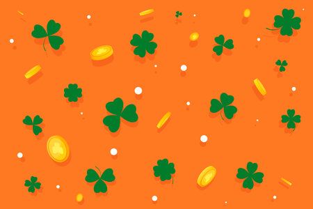 Seamless pattern with golden coins and clover leaves. St. Patrick's Day background. Vector illustrationのイラスト素材