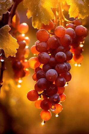 Bunch of ripe red grapes on vine in vineyard in autumnの素材