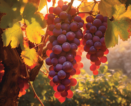 Ripe red grapes in vineyard at sunset, close-upの素材