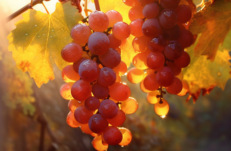 Ripe red grapes in vineyard at sunset, close-upの素材